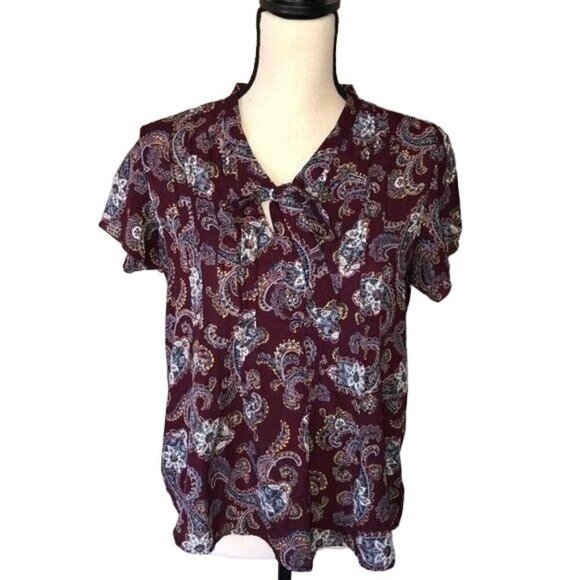 Lands End Womens Size 10 Petite Top Paisley Neck Tie Short Sleeve Pintuck Maroon - Picture 1 of 6